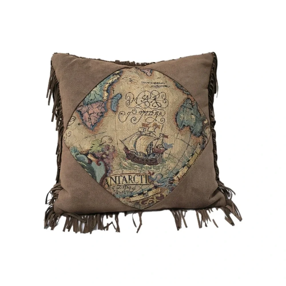 Old Style World Map Americas New World Woven Tapestry Fringe Pillow 13x13.5 READ
